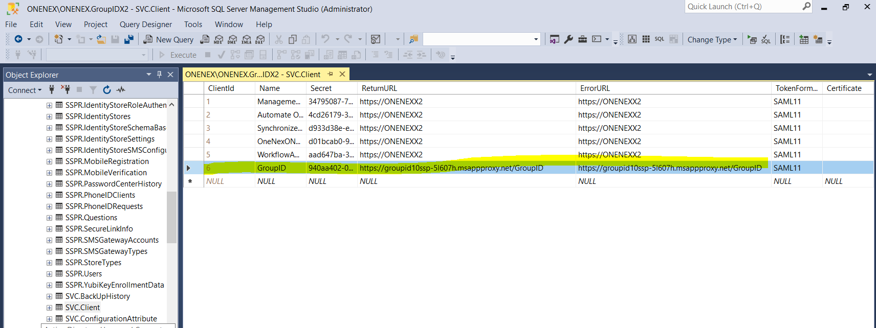 svc.client table showing updated URLs