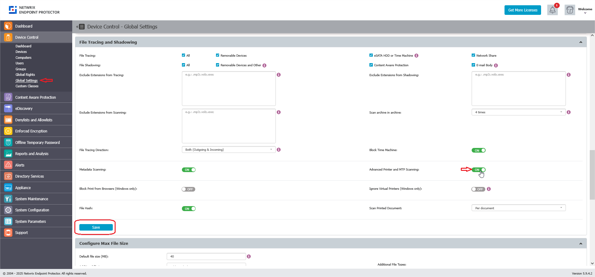 File Tracing and Shadowing settings with Advanced Printer and MTP Scanning option enabled