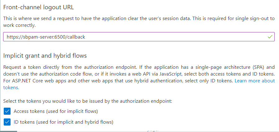 Authentication settings with token options enabled