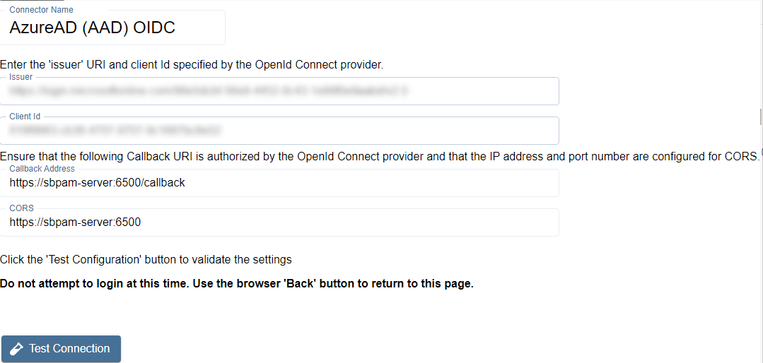 Configure Client page with Issuer and Client ID fields