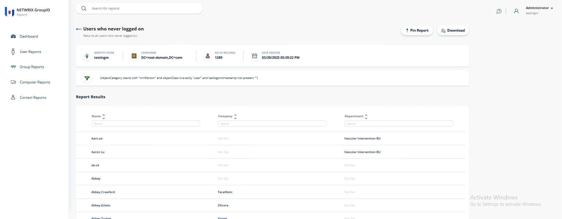 Report results showing users who never logged on