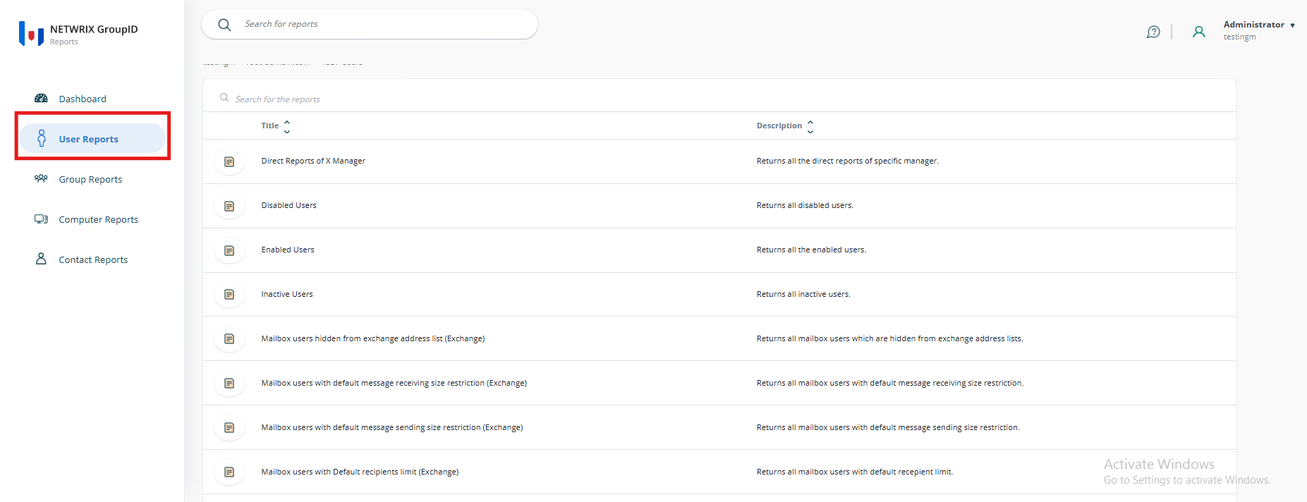 User Reports section
