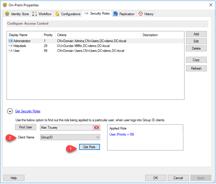 Client Name list for selecting Directory Manager client