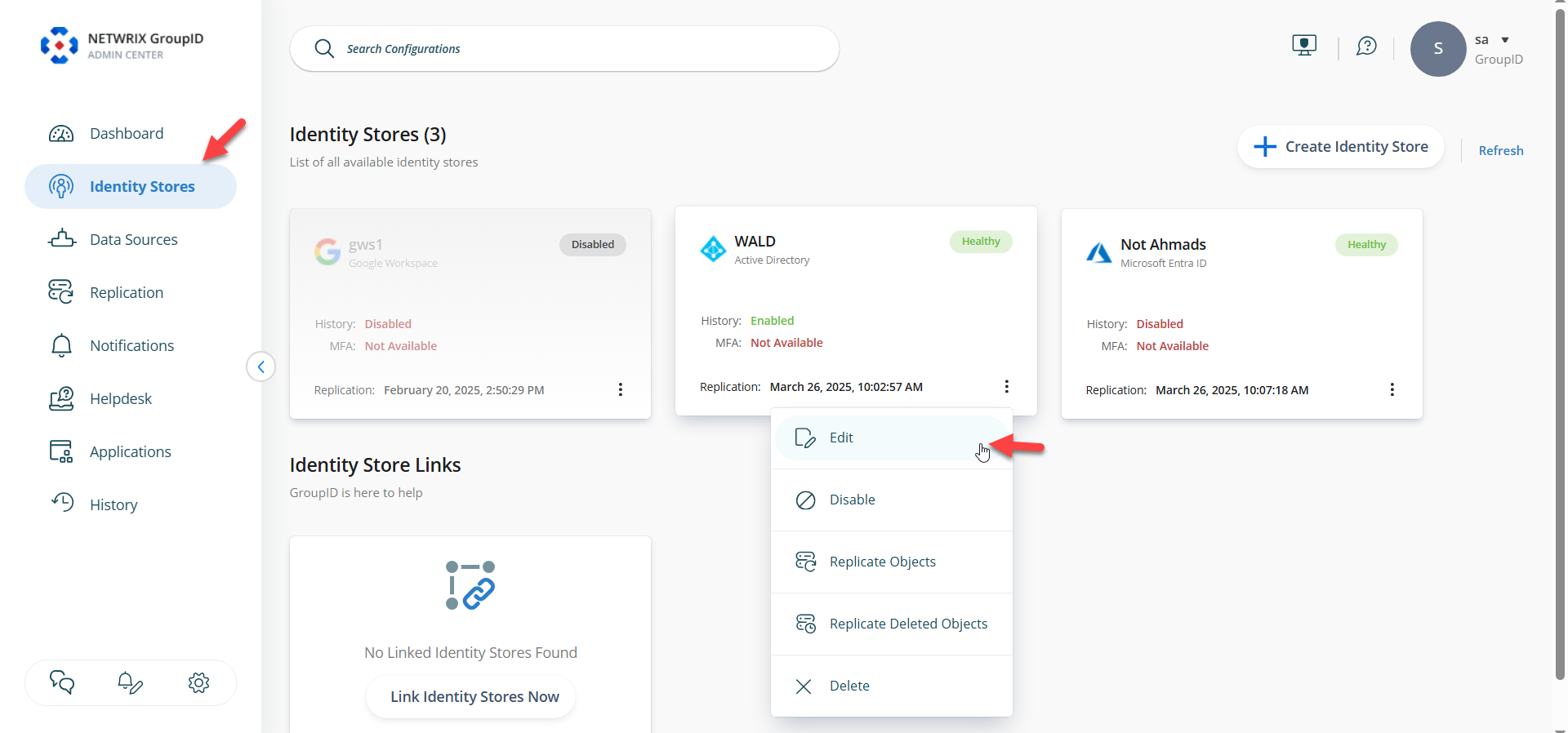 Identity Stores tab in Netwrix Directory Manager 11 Admin Center