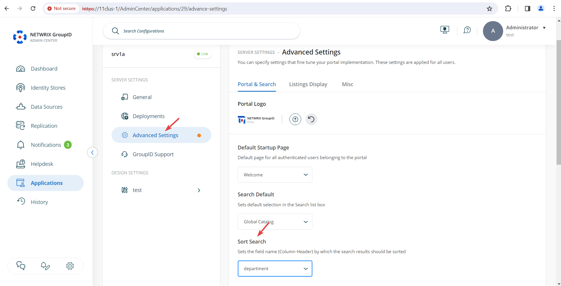 Selecting the default sort attribute in Advanced Settings