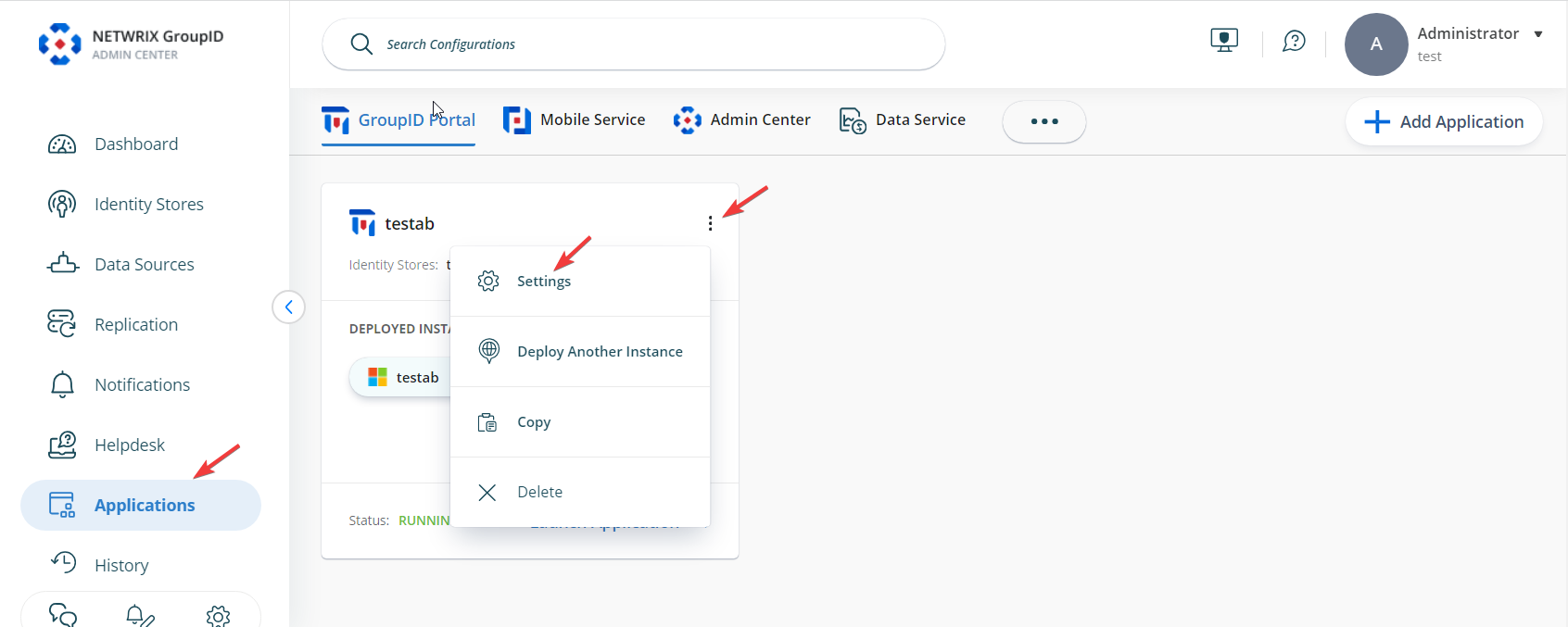 Applications page in Directory Manager Admin Center with settings option highlighted