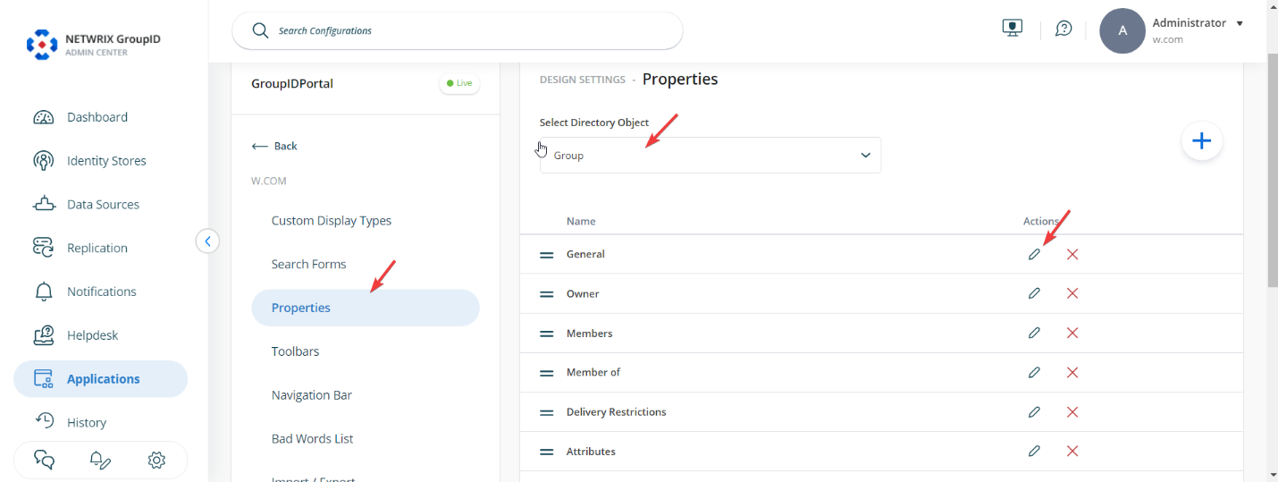 Properties tab with Group selected in Directory Manager