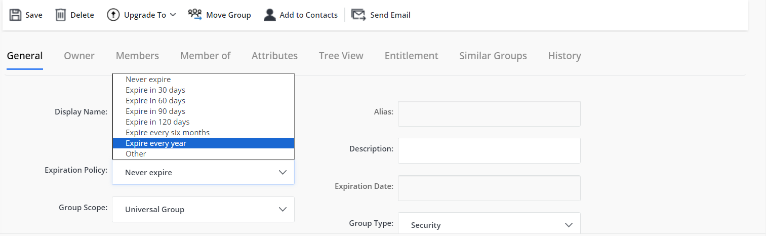 Expiration Policy drop-down list showing all options