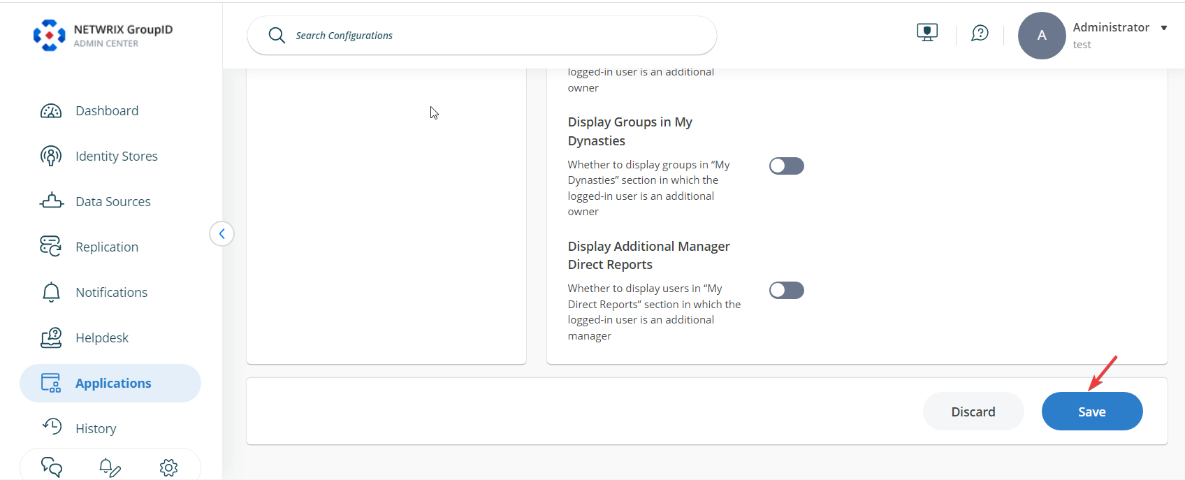 Save button at the bottom of the settings page in Directory Manager Admin Center
