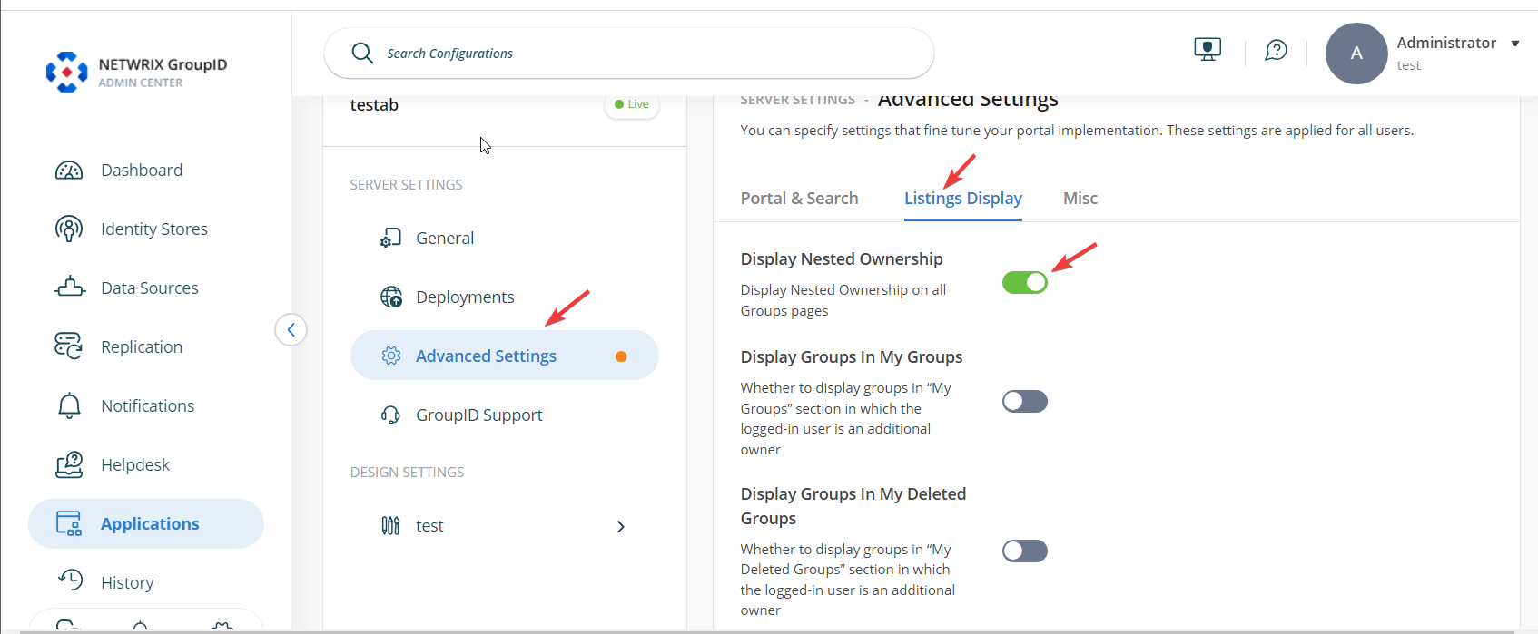 Advanced Settings in Server Settings tab with Display Nested Ownership option enabled