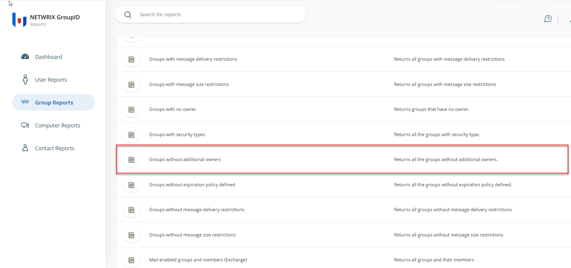 Groups without additional owners report selected in Group Reports