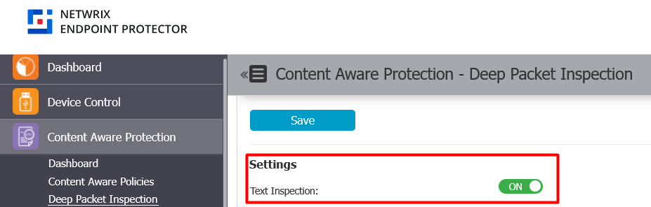 Deep Packet Inspection settings with Text inspection enabled