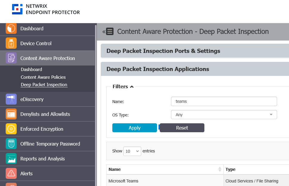 Deep Packet Inspection Applications list with Enable DPI action