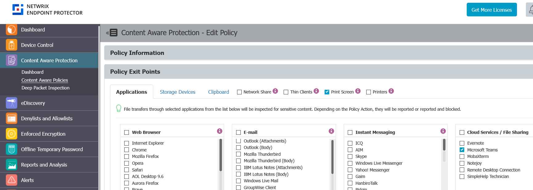 Content Aware Policies configuration with instant messaging apps selected