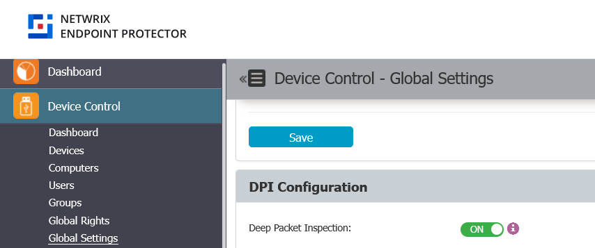 Global Settings page with Deep Packet Inspection option highlighted