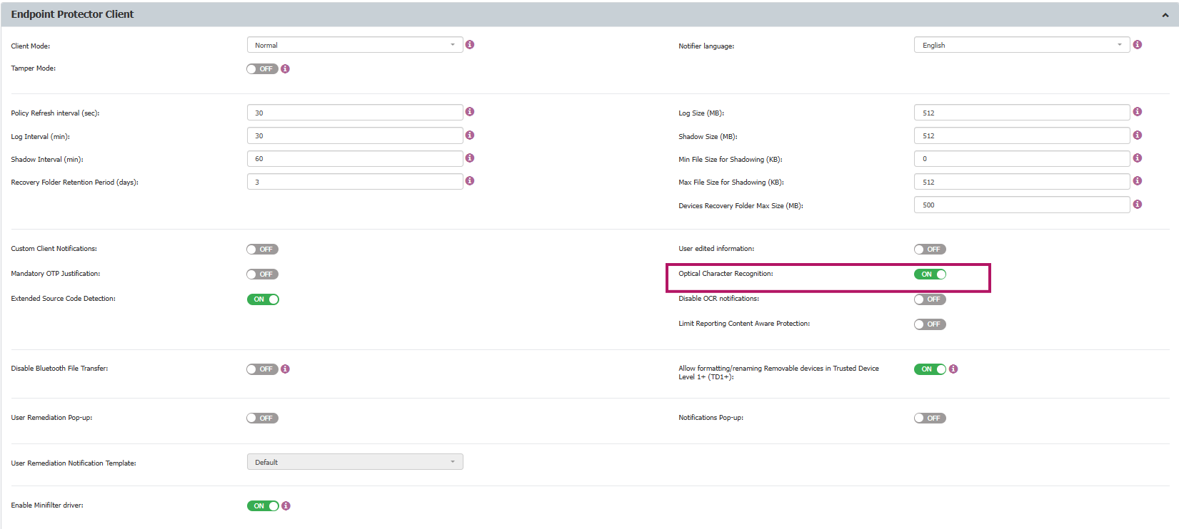 OCR enablement settings page in the EPP console