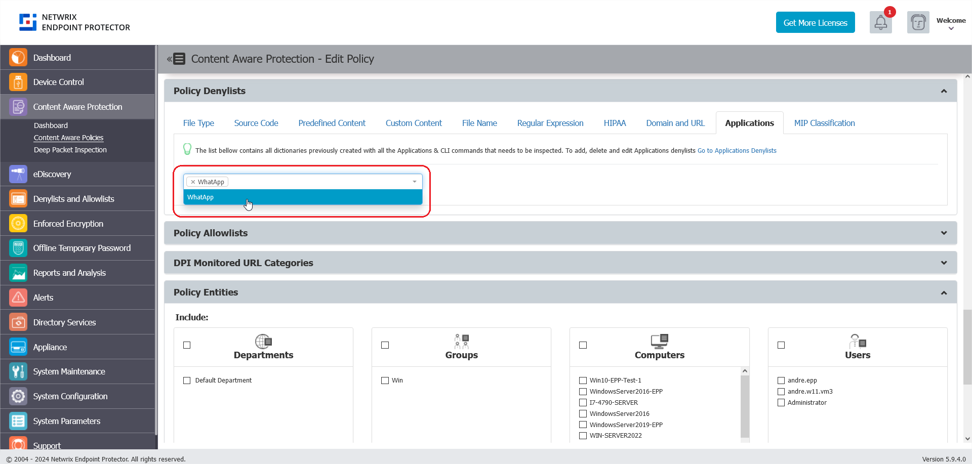 Assigning the Applications Denylist policy to target computers