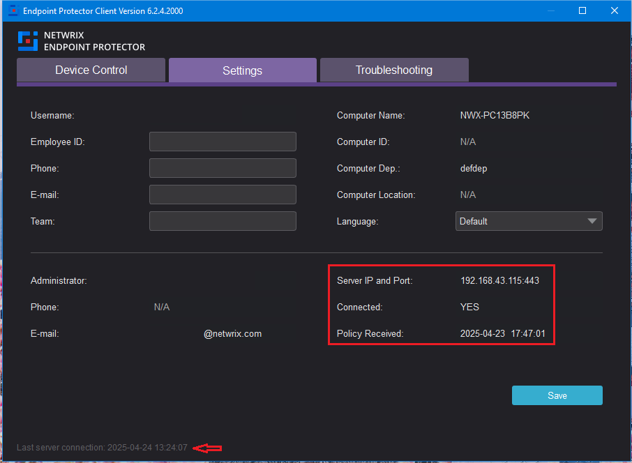 Netwrix Endpoint Protector Client Settings tab showing server connection status details