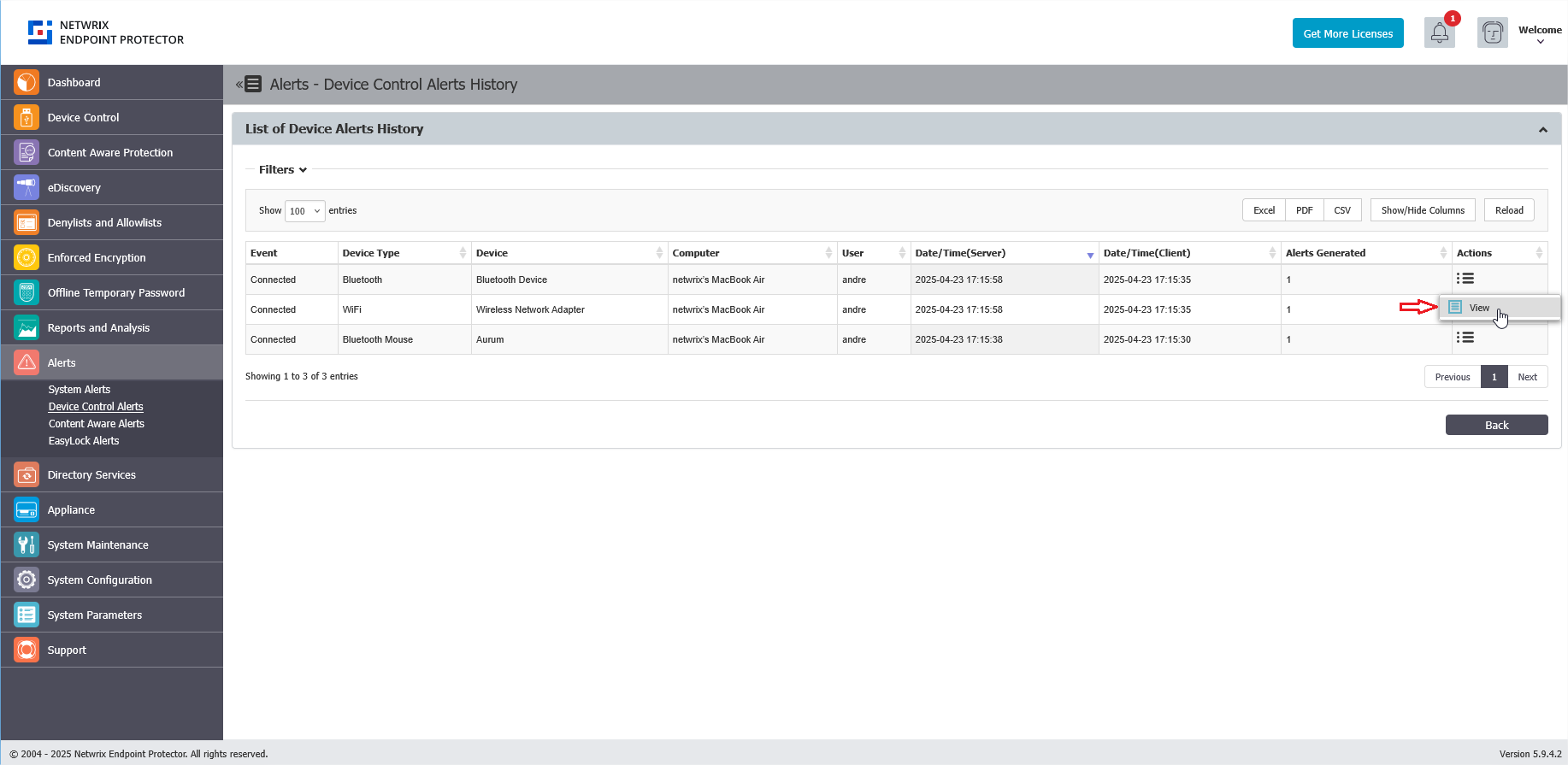 Actions column with View option highlighted
