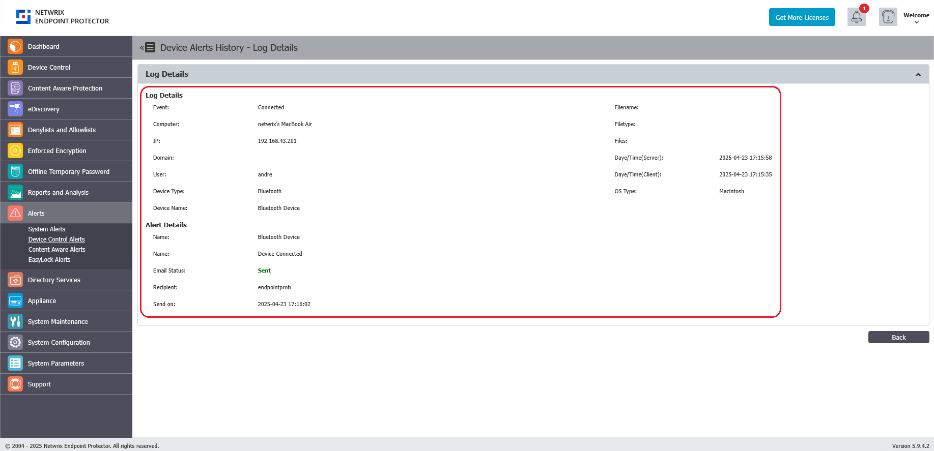 Log Details and E-mail Status section showing email delivery status
