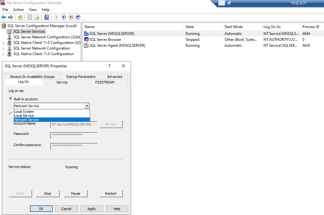 SQL Server Configuration Manager showing Log On tab settings for Network Service
