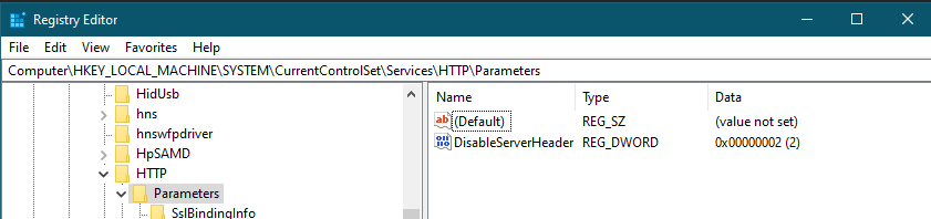 Registry editor showing disabled server header