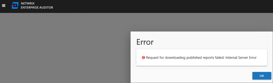 Error message indicating 'Request for downloading published reports failed: Internal Server Error'
