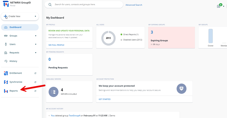 Reports options in Directory Manager portal