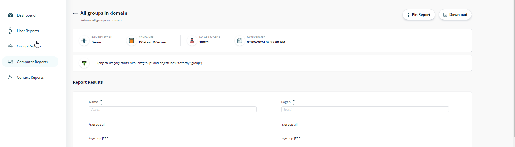 Report results in Directory Manager
