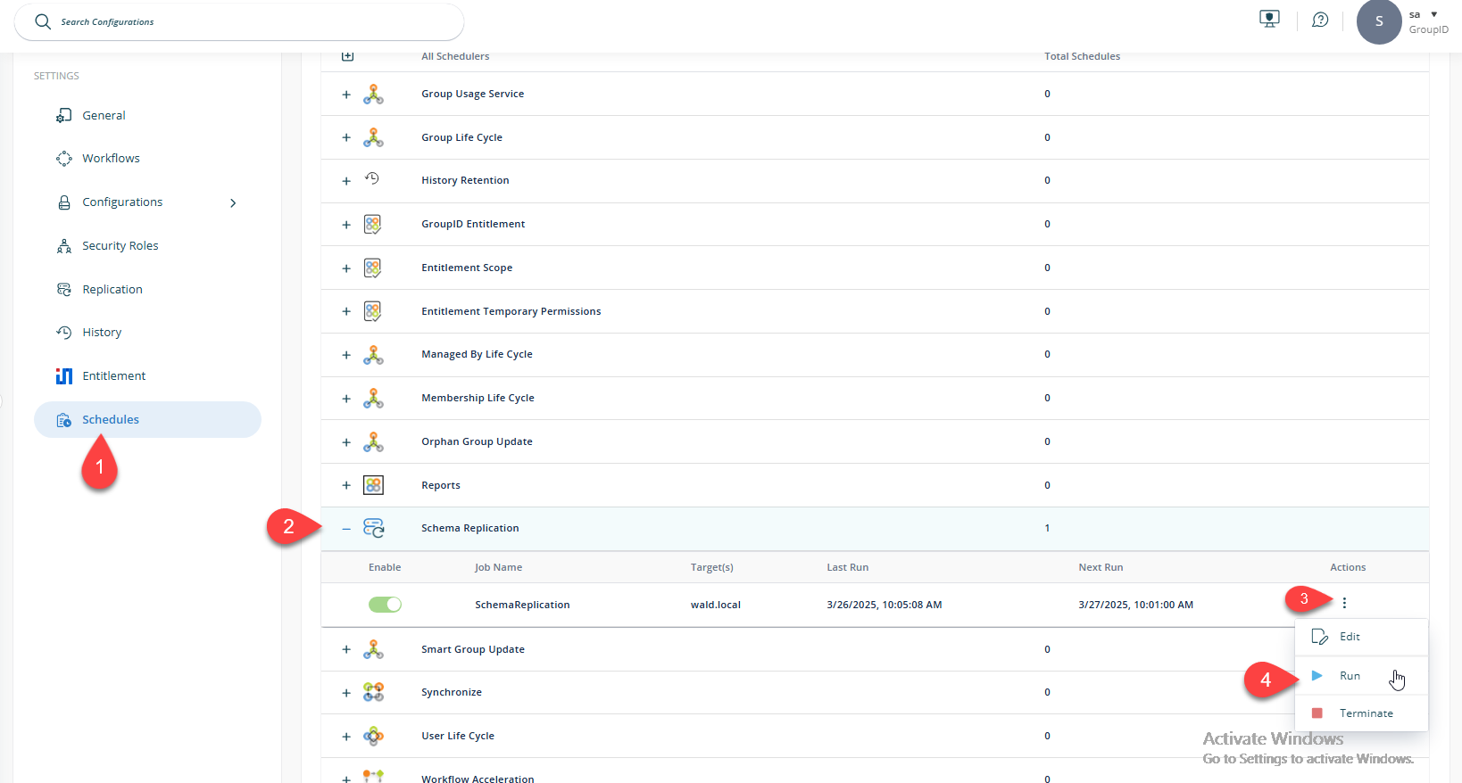 Running the Schema Replication schedule in Directory Manager 11