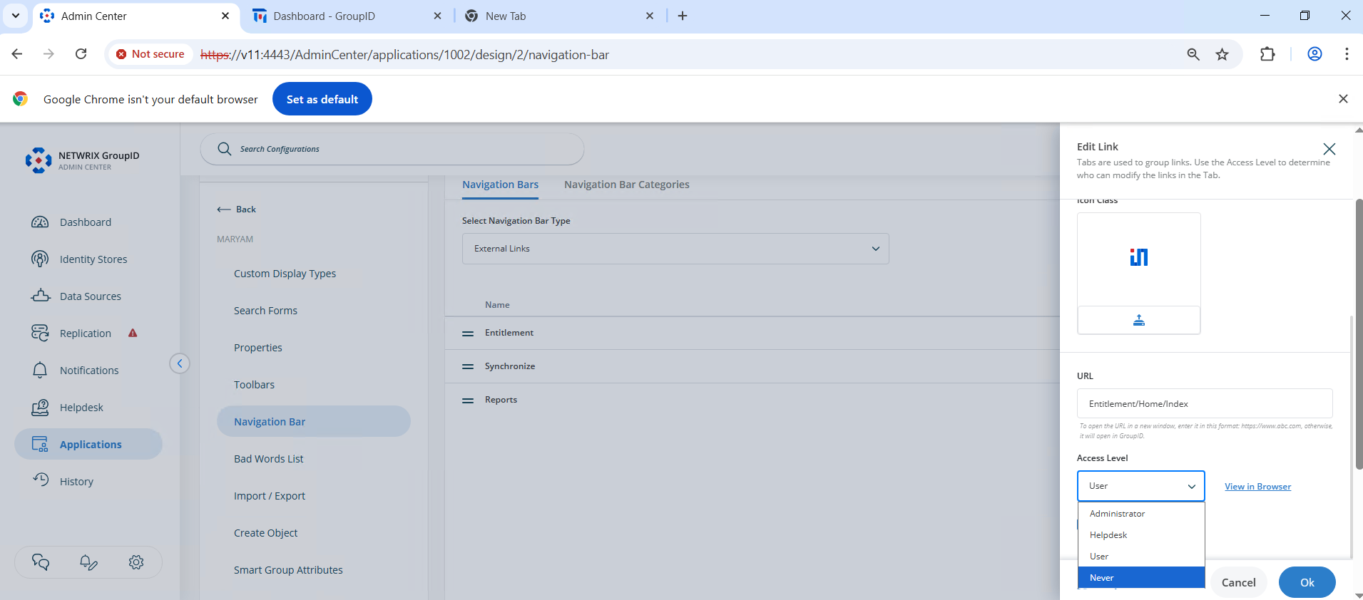 Access Level settings for Entitlements tab