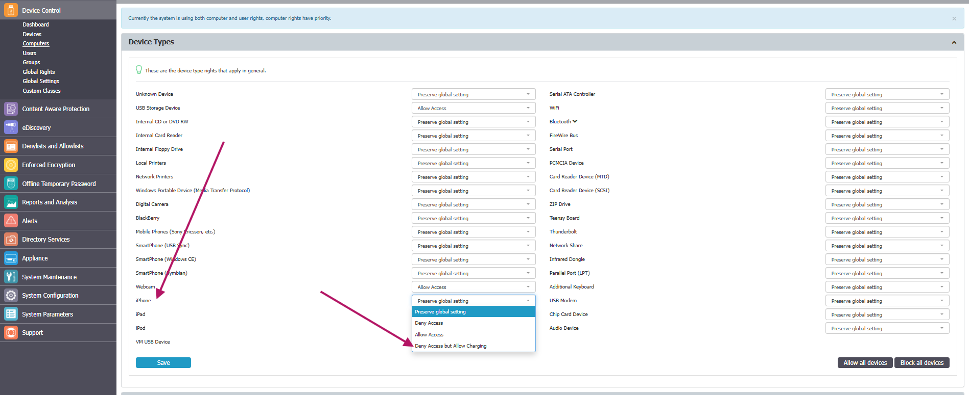 Deny Access but Allow Charging option under Device Types in Netwrix Endpoint Protector