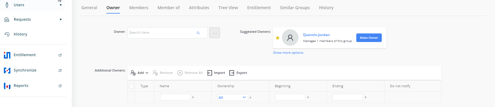 Owner tab in group properties showing suggested owner