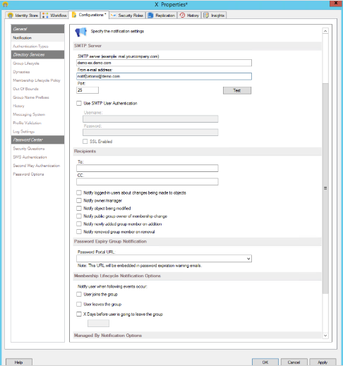 Notification configuration tab in Directory Manager identity store properties