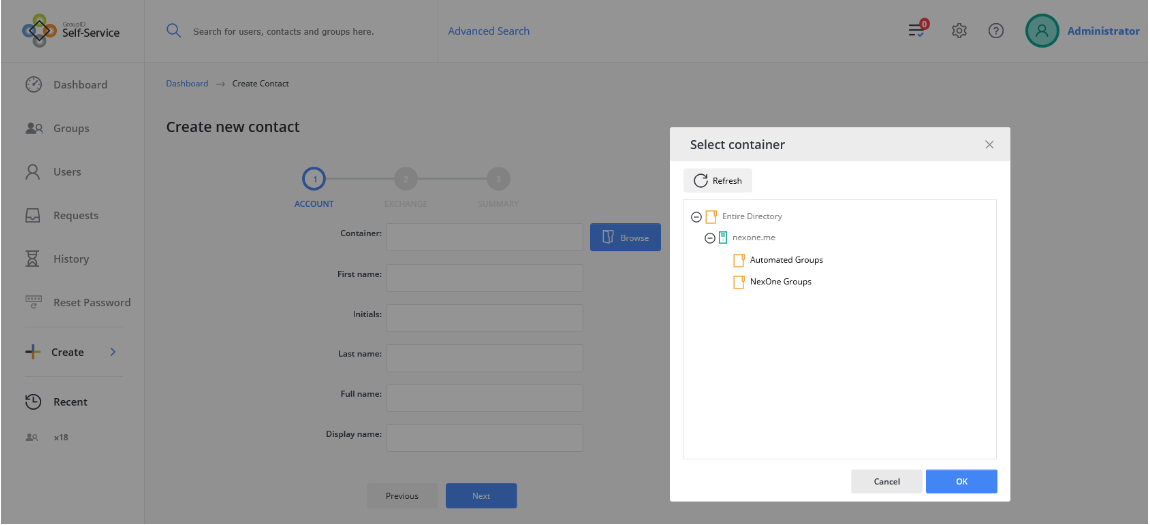 OU selection in Self-Service Create Contact wizard