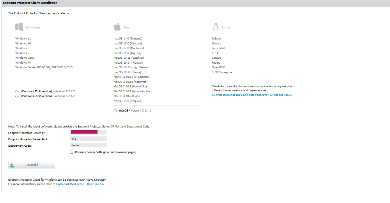 Default port 443 setting in Client Software download section