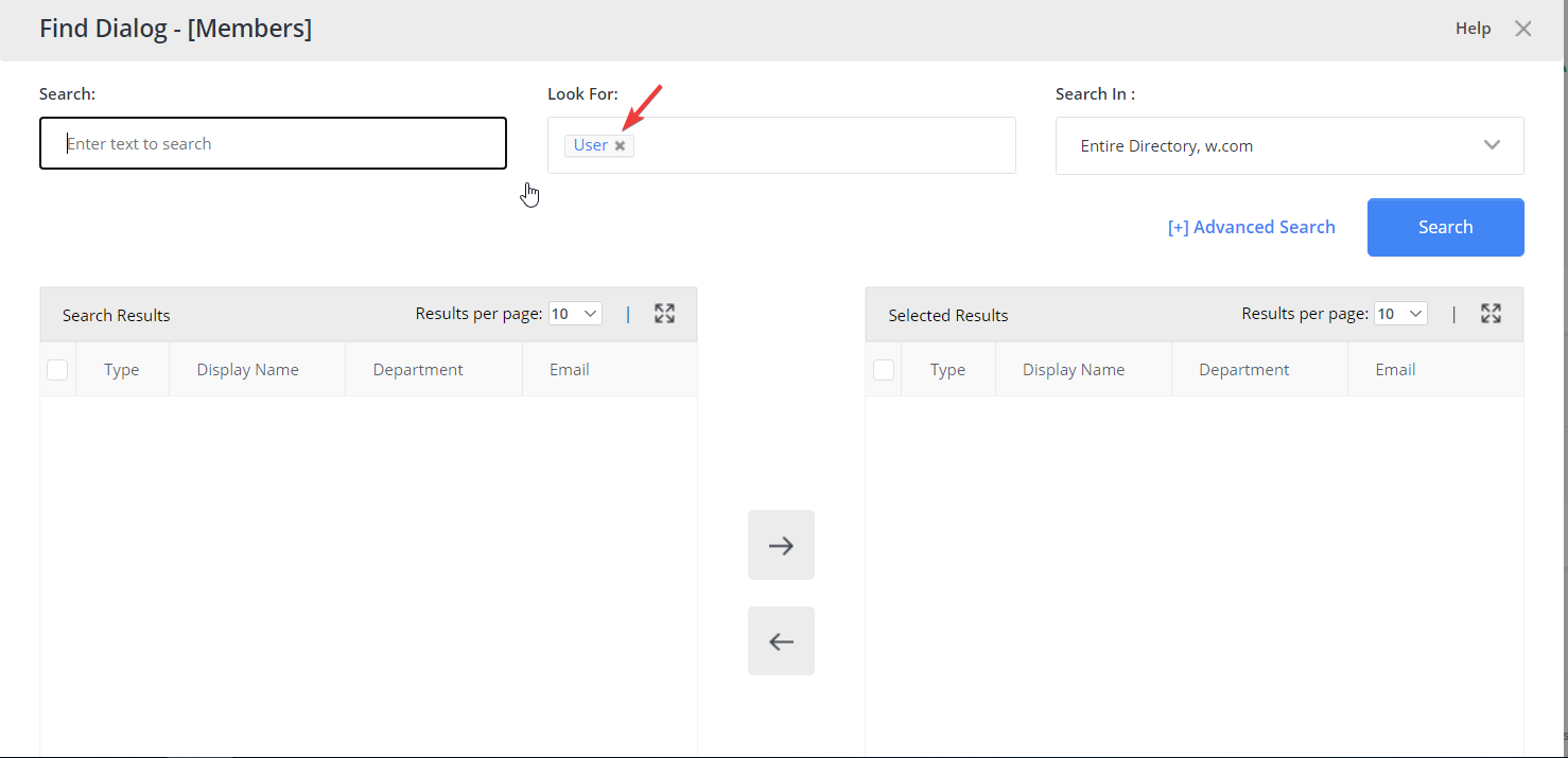 Find dialog box limited to User object type