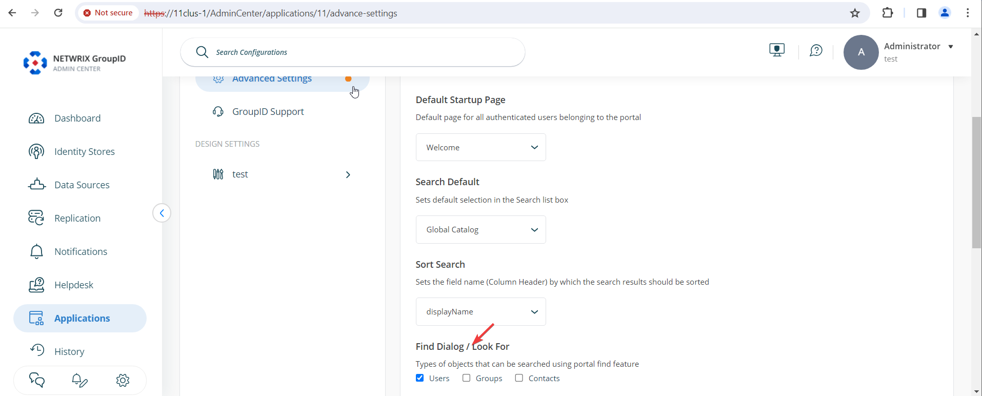 Configuring Find Dialogue object types in Advanced Settings