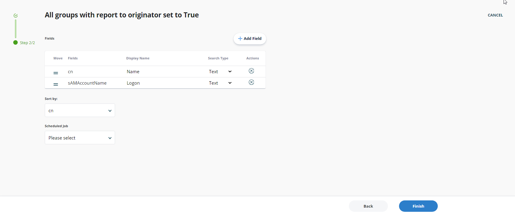Fields section in Create Report wizard for report to originator set to True