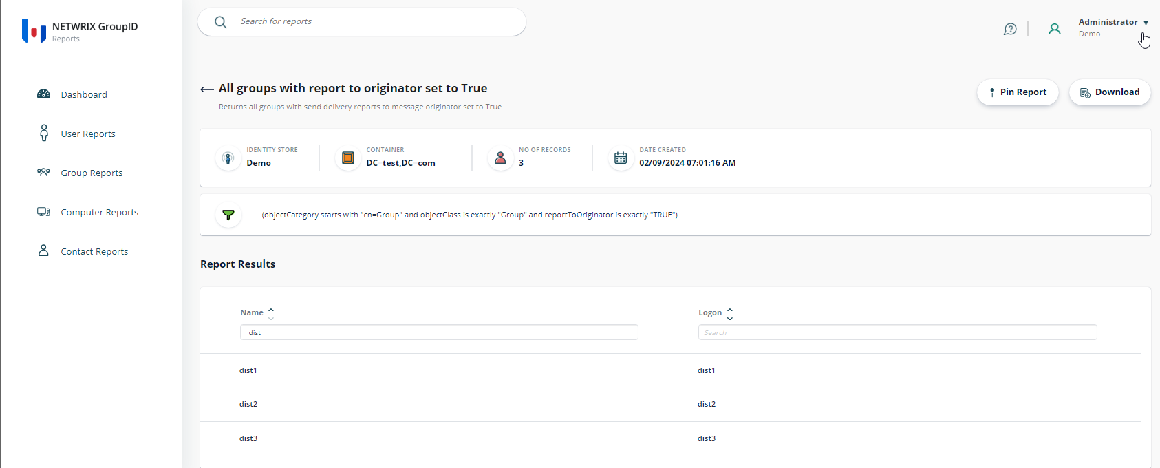 Sample report output for report to originator set to True