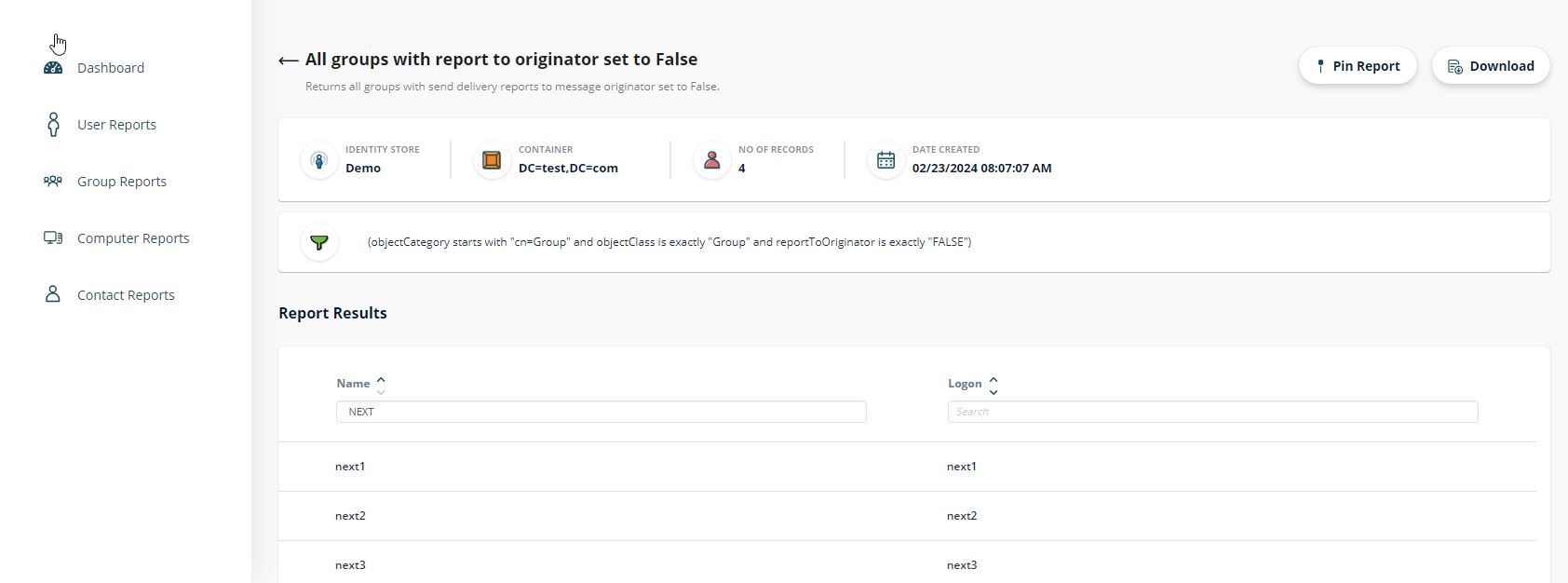 Sample report output in Directory Manager