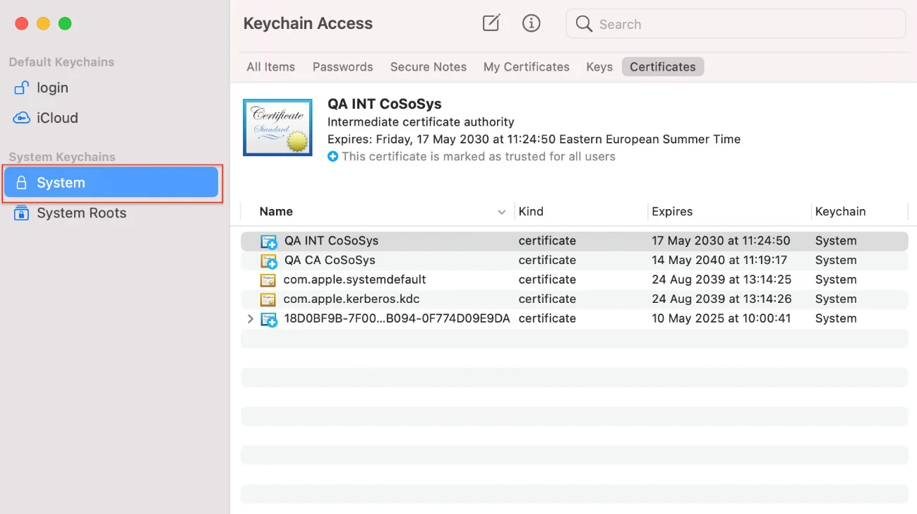 Open the Keychain Access application from your macOS and select System