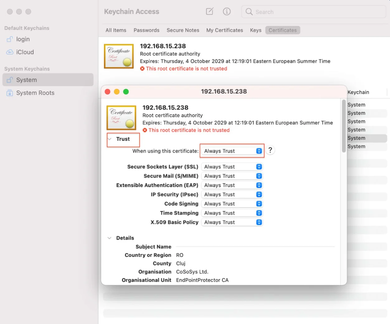On the newly added certiﬁcate and on the Trust section, select Always Trust.
