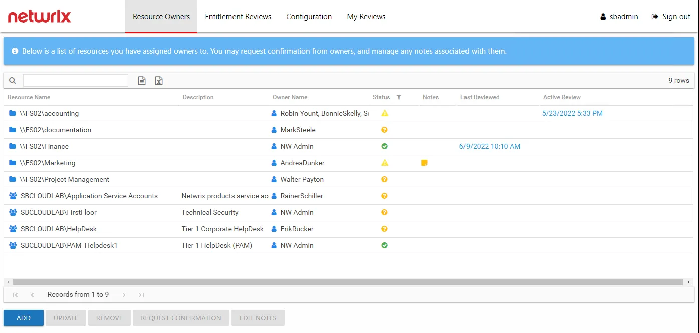 Resource Owners interface as the landing page for an Administrator user