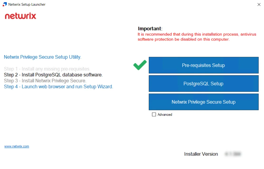 Netwrix Setup Launcher showing the Prequisites Setup with a green checkmark