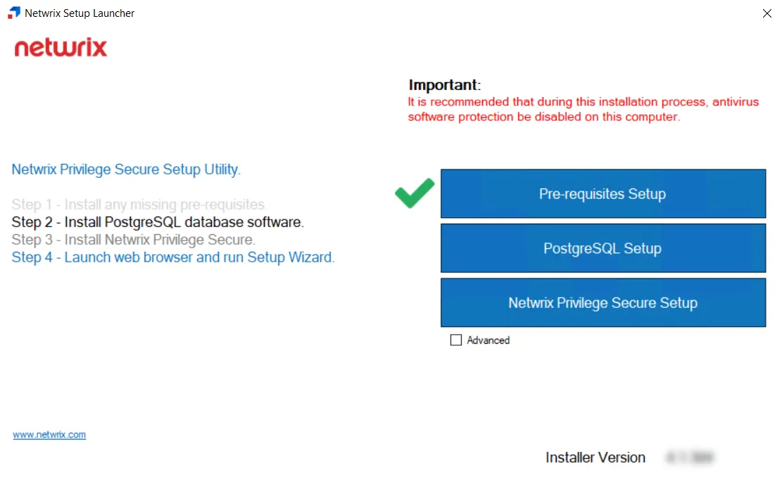 Netwrix Setup Launcher showing the Prequisites Setup with a green checkmark
