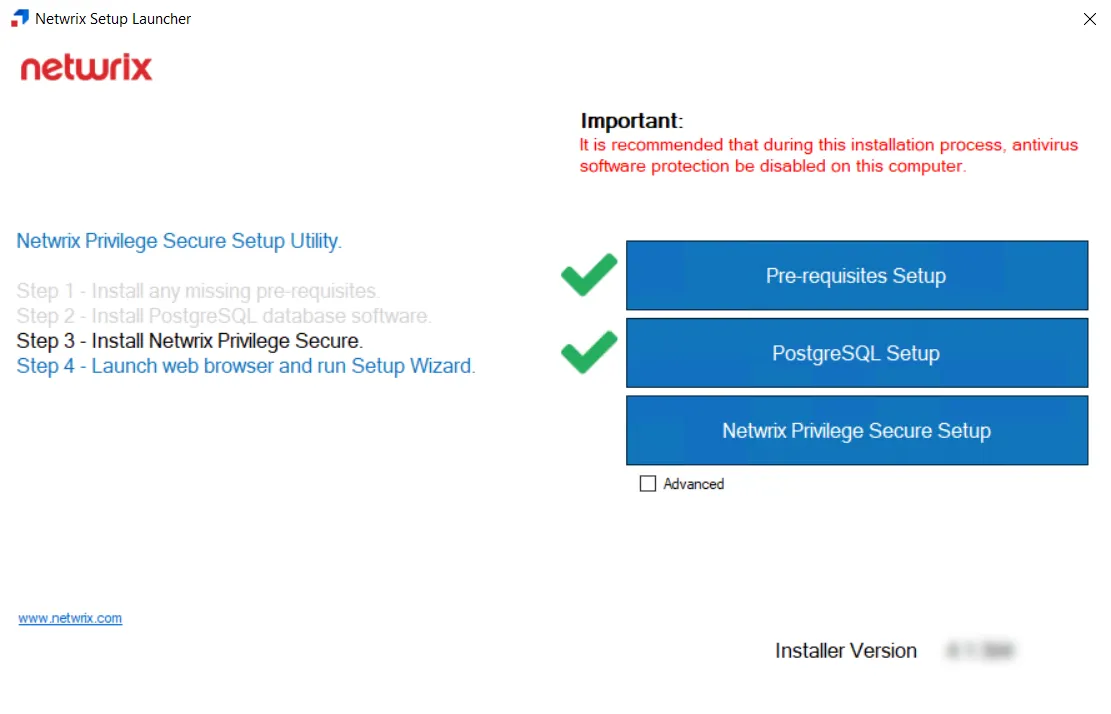 Netwrix Setup Launcher showing the PostgreSQL Setup with a green checkmark