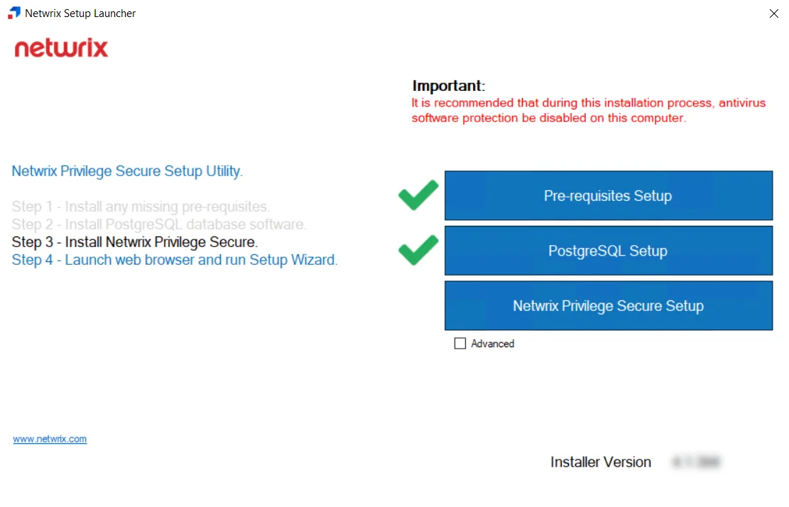 Netwrix Setup Launcher showing the PostgreSQL Setup with a green checkmark