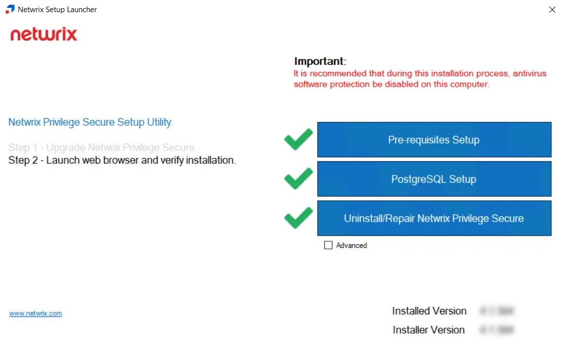 Netwrix Setup Launcher showing the Netwrix Privilege Secure with a green checkmark