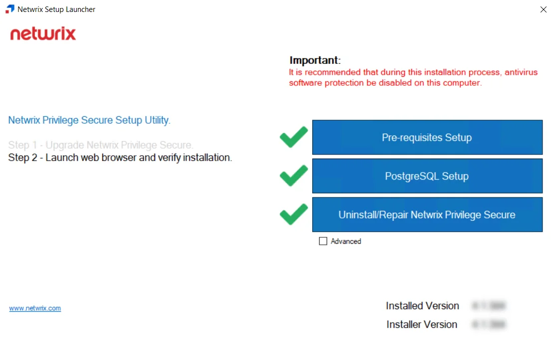 Netwrix Setup Launcher showing the Netwrix Privilege Secure with a green checkmark